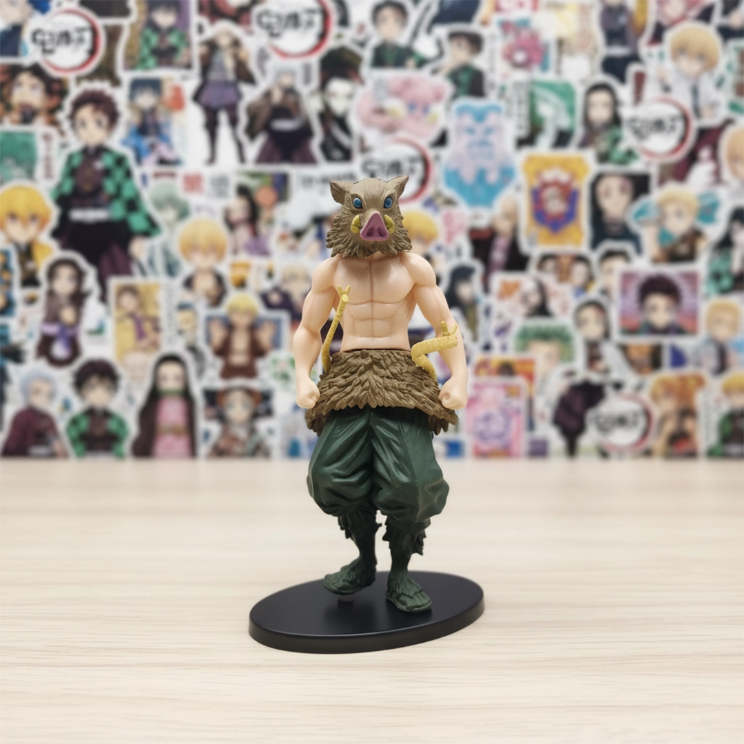 Action figure of Inosuke Hashibira from Demon Slayer, wearing his boar mask and holding his chipped sword.