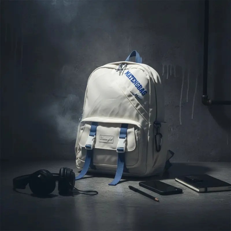 Cream white canvas backpack with blue webbing straps, front buckle pockets, and a 'MATENGBAG' logo, styled in a moody setting with headphones and a notebook.