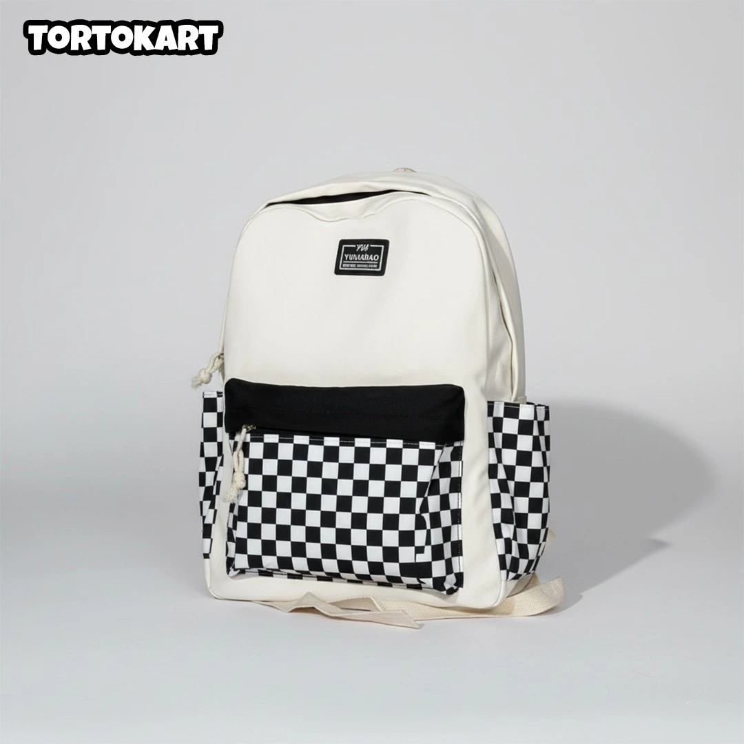white and black checkerboard backpack with a solid black front pocket and side pockets, on a plain white background