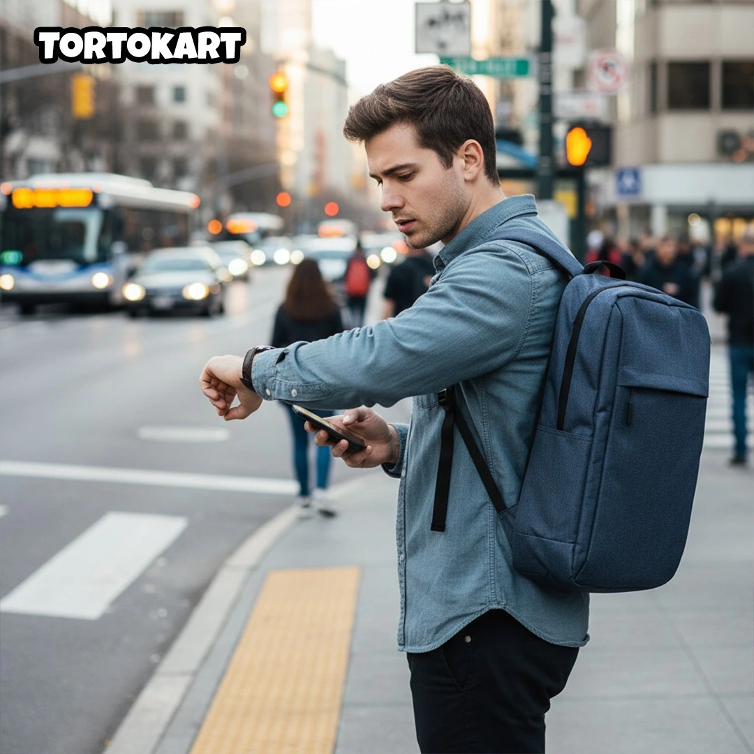 man standing on a city street checking his watch and phone while wearing a dark blue minimalist commuter backpack