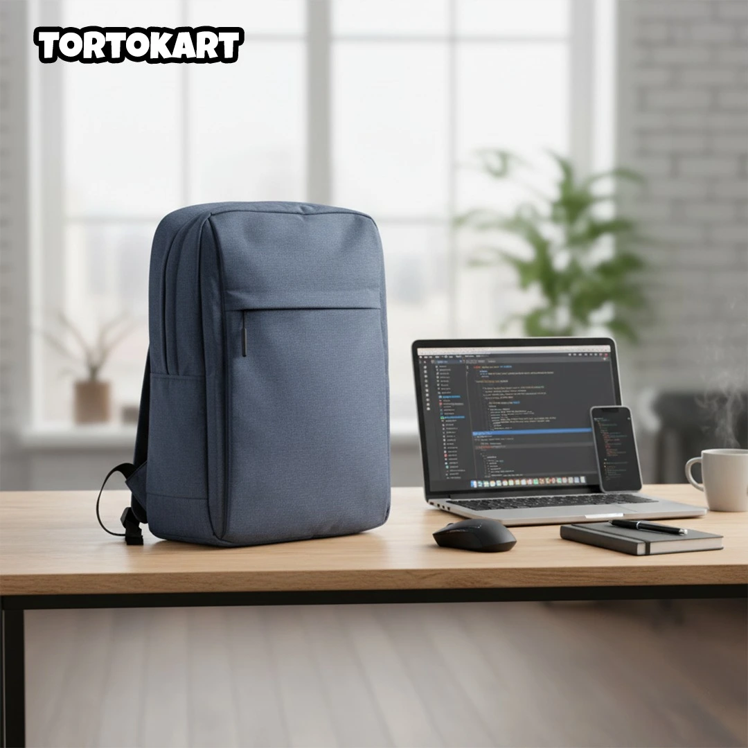 minimalist dark blue laptop backpack standing on a wooden desk next to an open laptop and notebook in a modern workspace