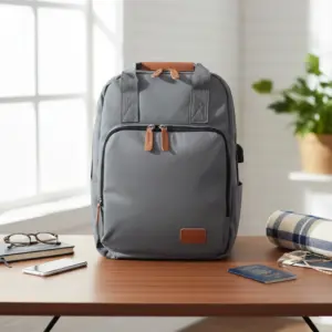 Structured gray travel/laptop backpack with brown leather accents and a front pocket, sitting on a desk with a passport, phone, and glasses, indicating travel readiness.