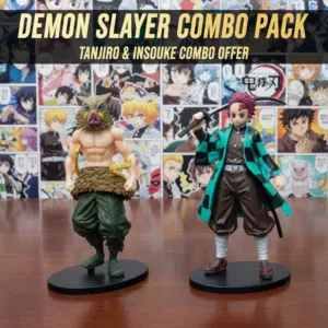 Demon Slayer Combo Pack featuring two PVC anime action figures: Tanjiro Kamado in his green and black checkered haori holding his Nichirin sword, and Inosuke Hashibira wearing his boar head mask and hakama pants.