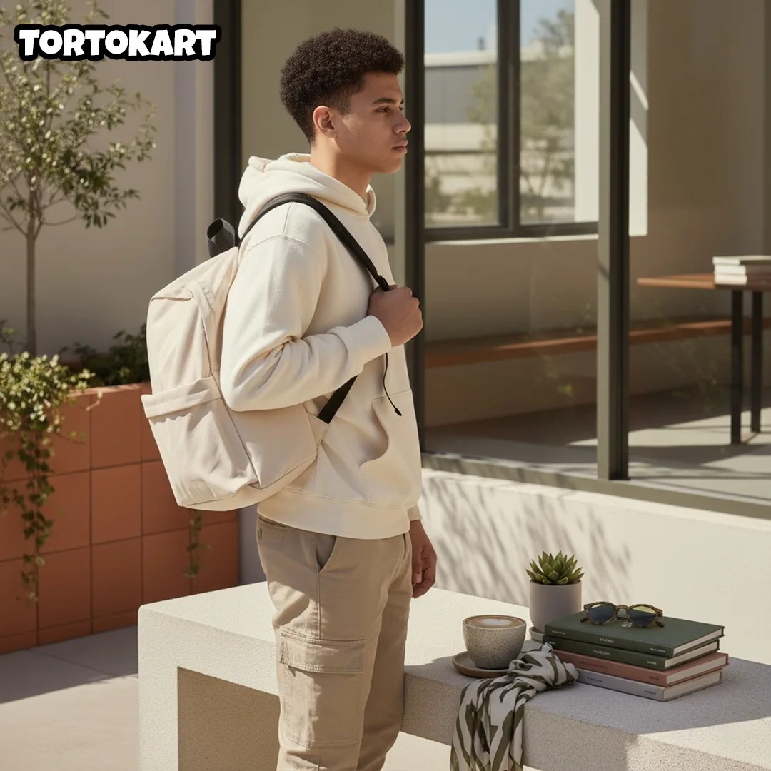side profile of a young man standing outdoors wearing a minimalist beige backpack and a matching neutral-colored outfit