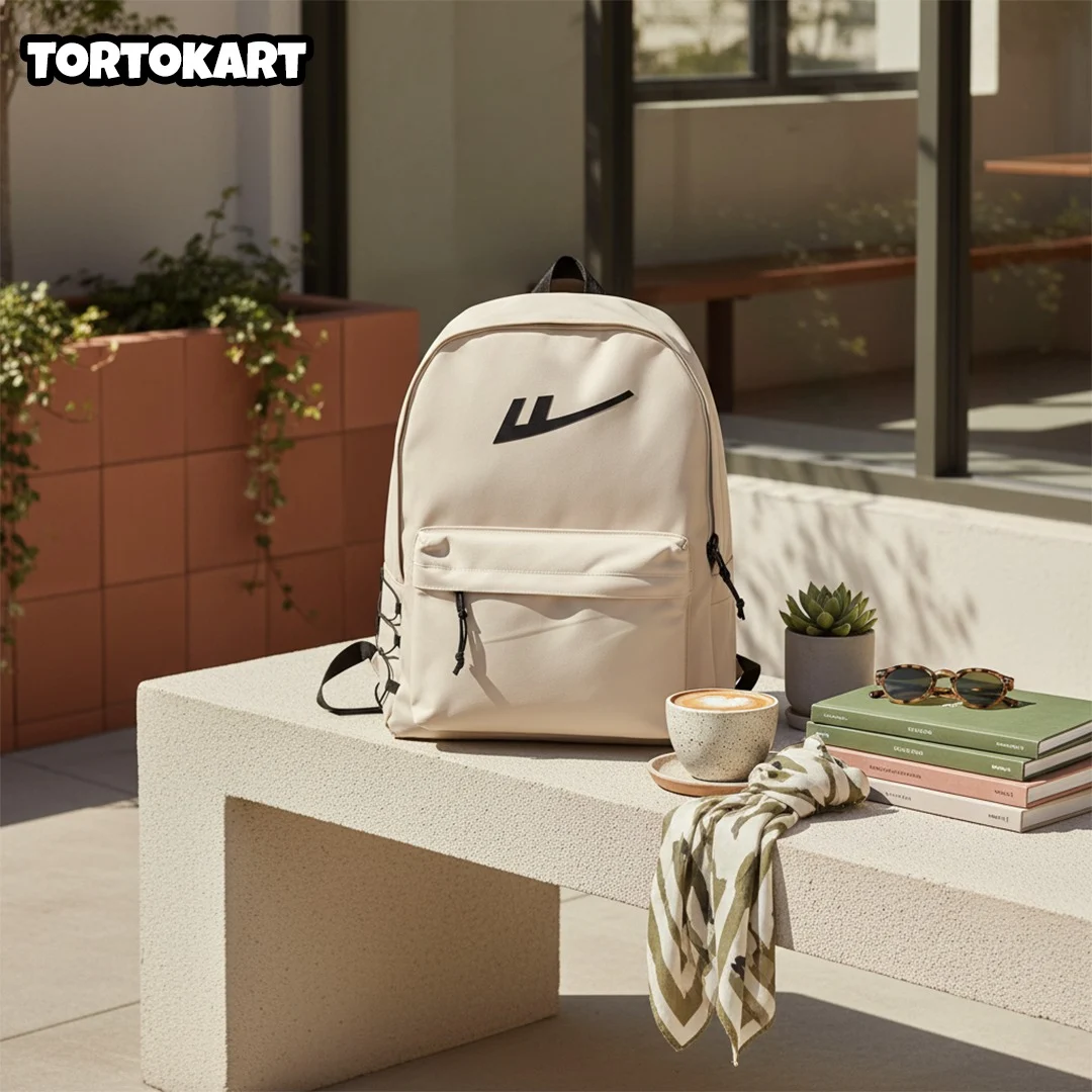 minimalist beige backpack with a black logo and front pocket, sitting on a concrete bench outdoors next to a latte, sunglasses, and a stack of books