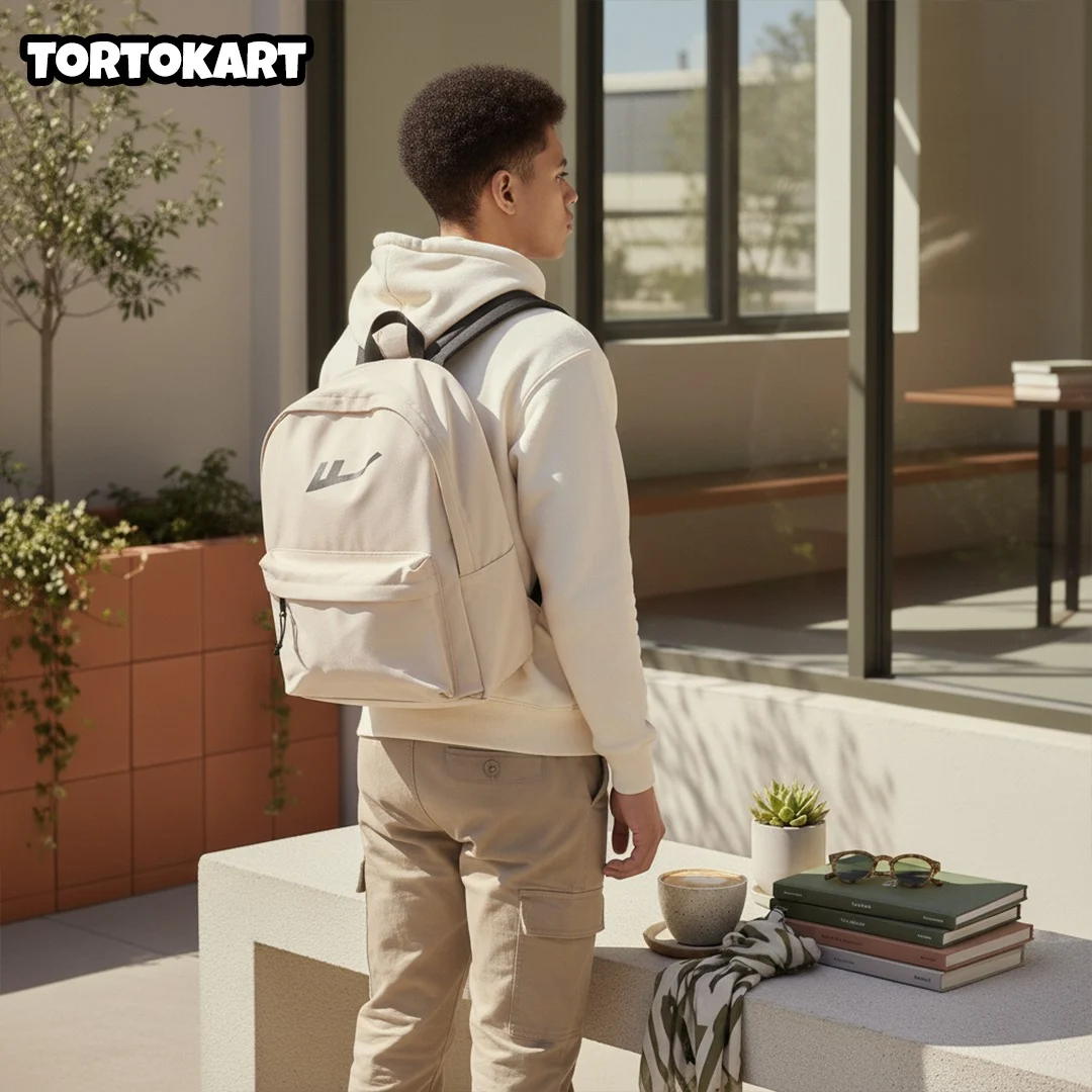 rear view of a young man wearing a minimalist beige backpack with black straps, standing outdoors in a neutral-colored outfit