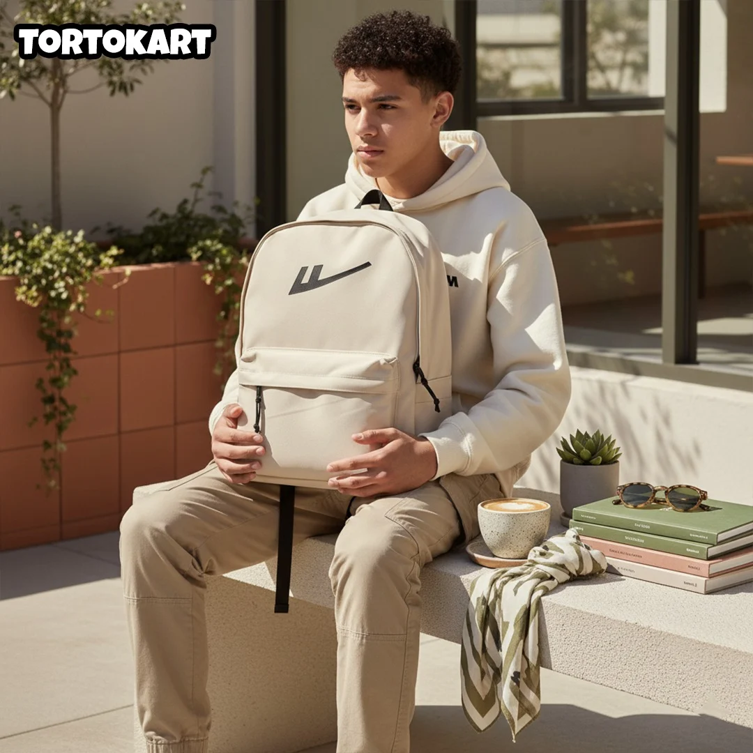 young man sitting outdoors in a beige outfit, holding a minimalist beige backpack with a black logo, next to a coffee cup and books