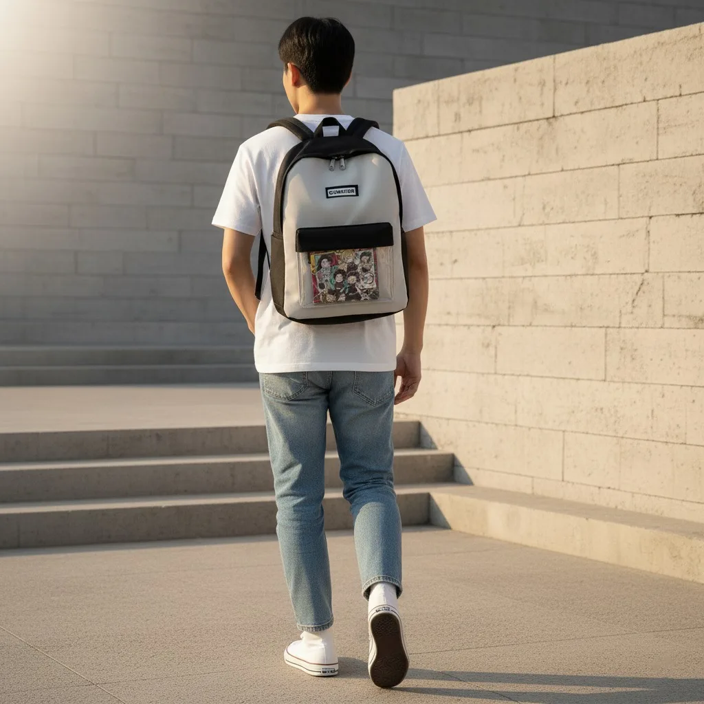 quilted white backpack with colorful stitched pattern set outdoors at a sunny picnic with a wicker basket and blanket