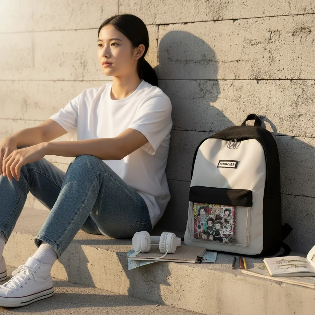 female student sitting outdoors against a concrete wall next to a black and white backpack with a clear front pocket displaying anime artwork