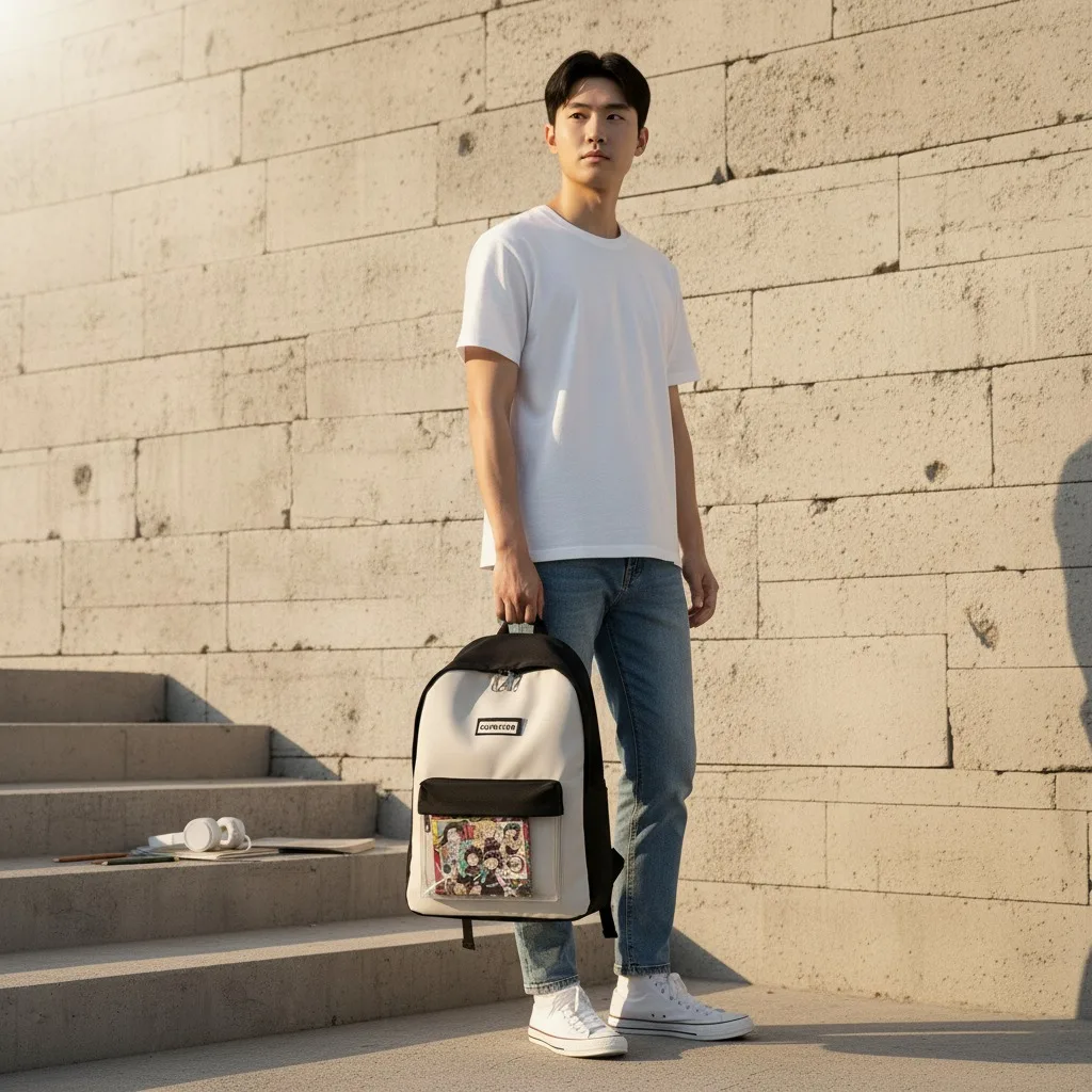 quilted white backpack with colorful stitched pattern on a wooden coffee shop table next to a latte, notebook, and eyeglasses