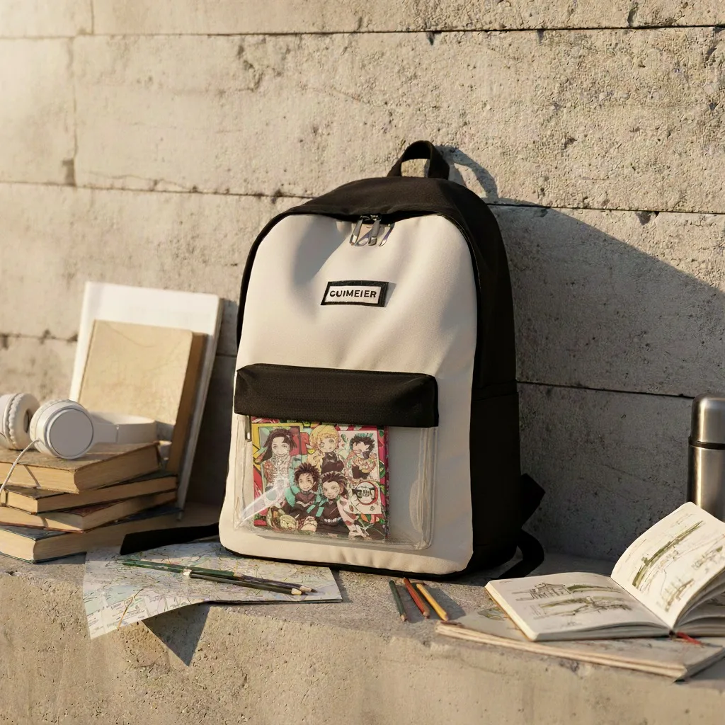 two-tone black and white backpack with an anime photo displayed in the clear front pocket, set against a concrete wall with school supplies and books