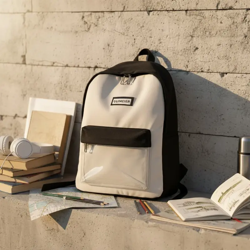 two-tone black and white contrast backpack with a clear front pocket, standing against a concrete wall next to books, headphones, and drawing supplies