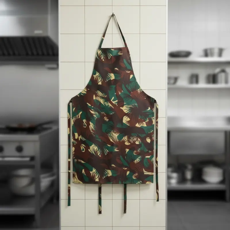 Camouflage print kitchen apron in military green, brown, and tan hanging on a white tiled wall in a professional kitchen setting.