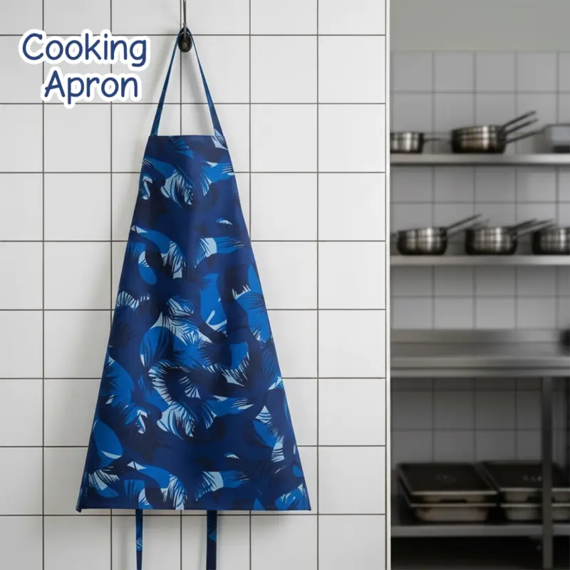 Blue apron with a tropical leaf pattern hanging on a white subway tile wall in a commercial kitchen.