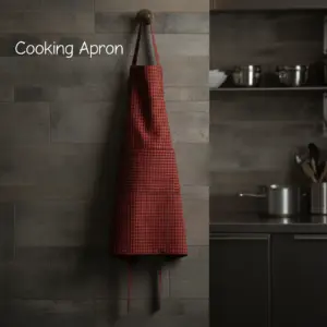 Red and black checkered kitchen apron hanging on a dark slate wall in a modern, stylish kitchen.