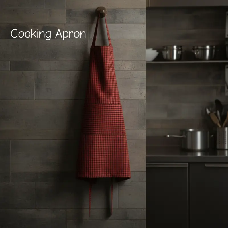 Red and black checkered kitchen apron hanging on a dark slate wall in a modern, stylish kitchen.