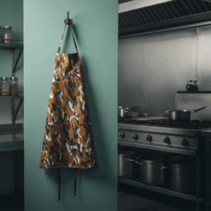 Brown and black camouflage patterned apron hanging on a hook against a mint green wall next to a stainless steel commercial kitchen range.
