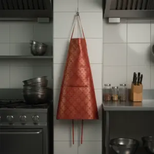 Red apron with a metallic gold geometric pattern hanging against white subway tile in a professional kitchen.