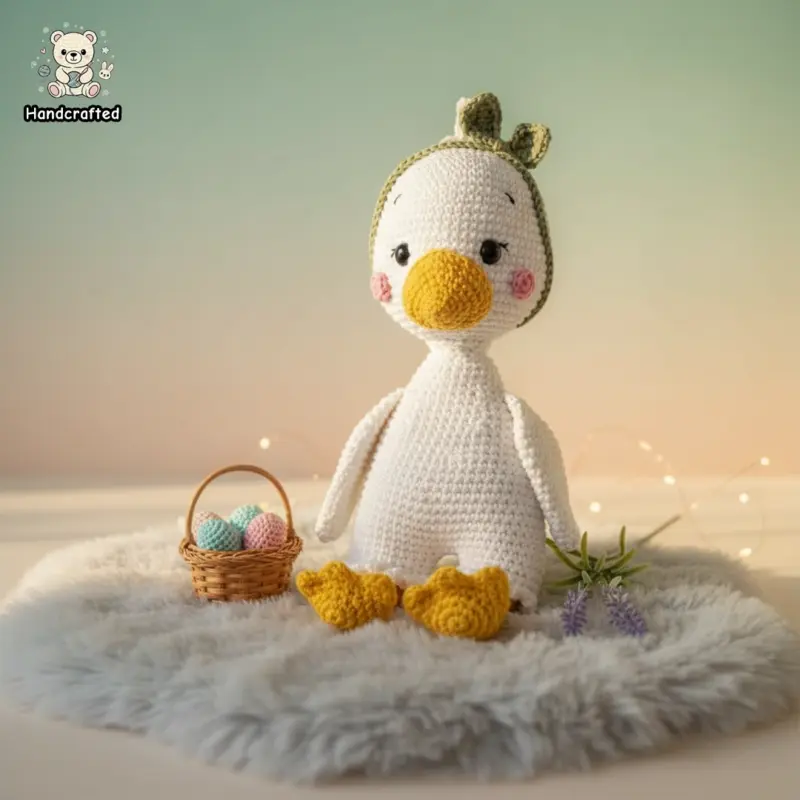A 100% handmade white crochet amigurumi duckling wearing a sage green headband with a bow, sitting on a grey faux fur rug next to a small wicker basket of pastel crochet eggs.