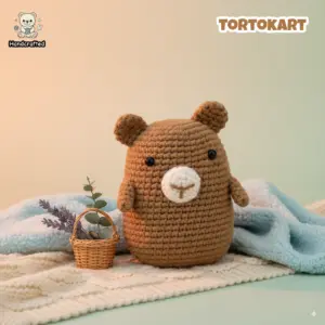 A 100% handmade brown crochet amigurumi rat plush toy with a white muzzle, sitting on a cream and blue knit blanket next to a small wicker basket of lavender.