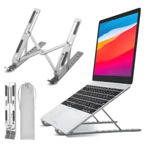 A silver adjustable aluminum laptop stand shown in three views: fully expanded, folded compact next to a grey carrying pouch, and supporting a silver laptop at an ergonomic angle.