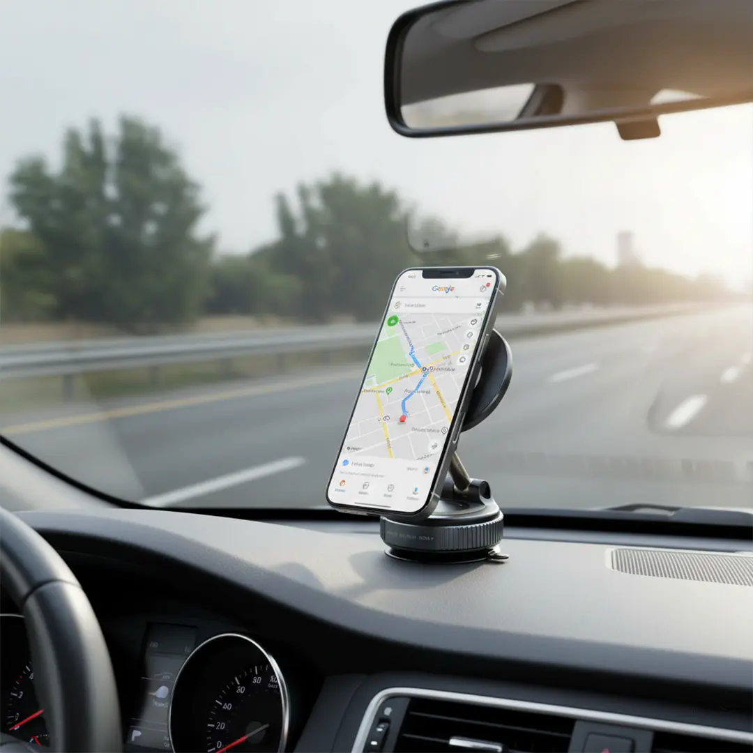 A premium metallic magnetic car phone holder featuring a circular mounting head and an adjustable dual-hinge arm, shown securely attached to a car dashboard displaying a navigation app and in a compact folded position.