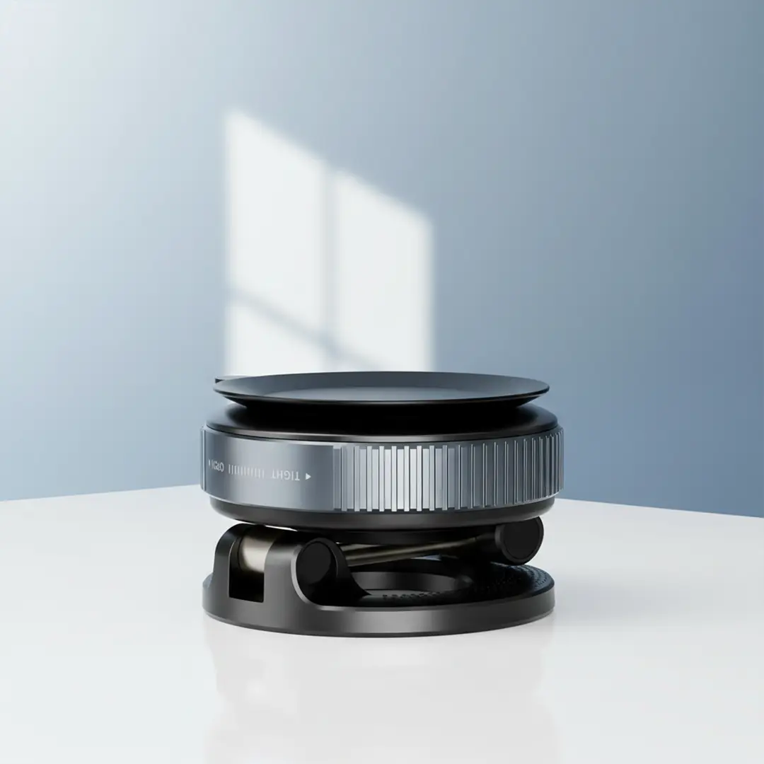 A premium magnetic car phone holder with a circular metallic mount and an adjustable dual-hinge arm, shown securely attached to a car dashboard with a scenic road background and in a side profile holding a smartphone.