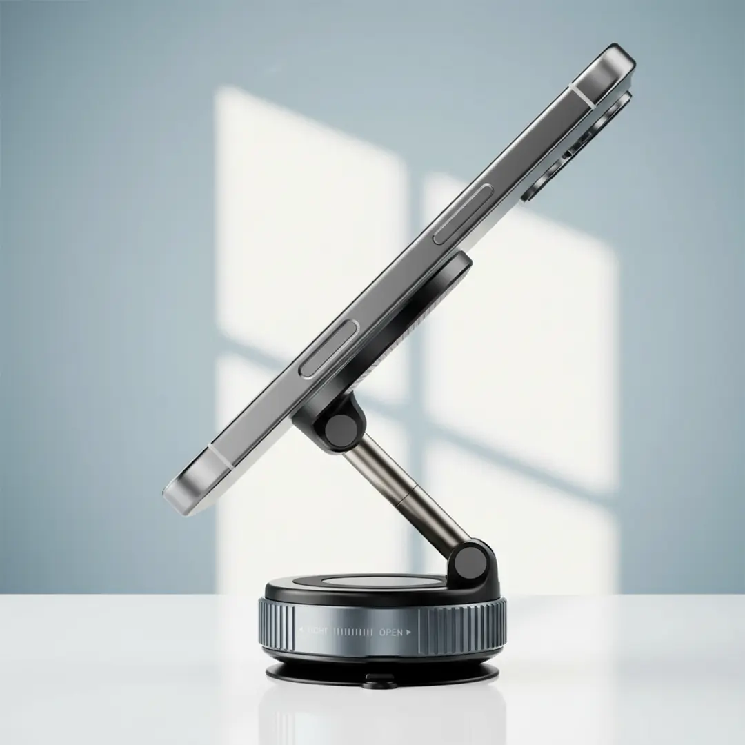 A high-end magnetic car phone holder featuring a metallic circular mount and an adjustable dual-hinge arm, shown securely attached to a car dashboard with a scenic road background and in a side profile holding a smartphone.