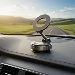 A sleek, circular magnetic car phone holder mounted on a dark leather vehicle dashboard with a scenic winding road and hills visible through the windshield.