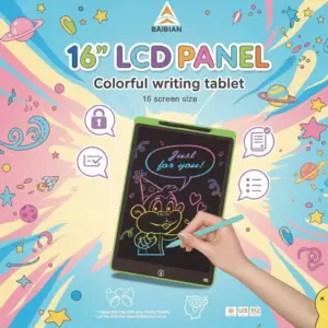 BAIBIAN 16-inch LCD panel colorful writing tablet for kids with a green frame, featuring a large screen size and a stylus drawing a cartoon monkey on a vibrant, space-themed background.