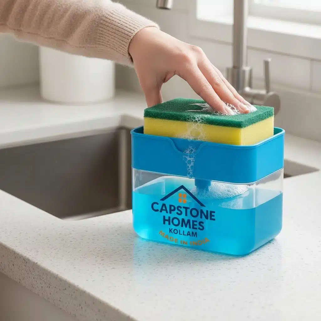 Blue and clear 2-in-1 manual dish soap dispenser with a sponge holder tray, featuring the Capstone Homes Kollam logo, shown on a white granite kitchen countertop.