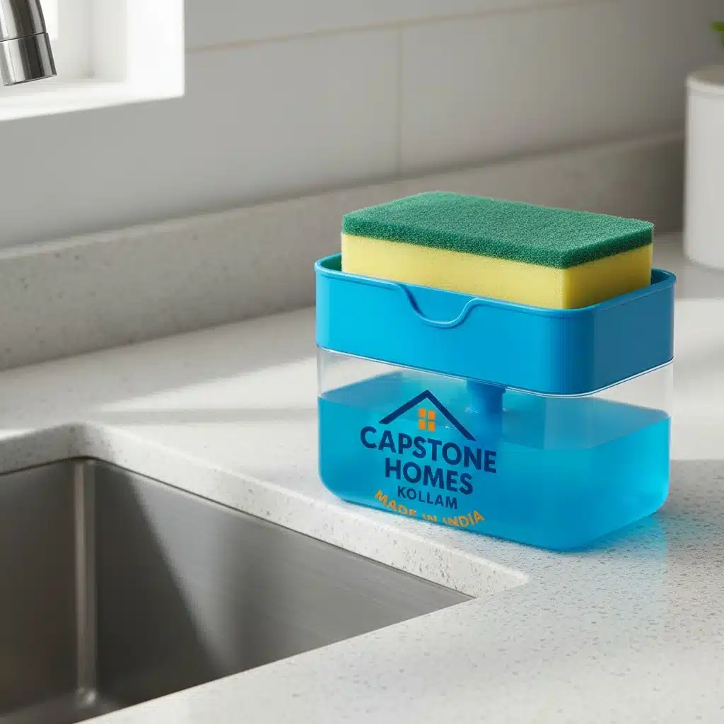 Blue and clear 2-in-1 dish soap dispenser with a yellow and green sponge on top, sitting on a white granite kitchen countertop next to a stainless steel sink. The dispenser features a "Capstone Homes Kollam" logo