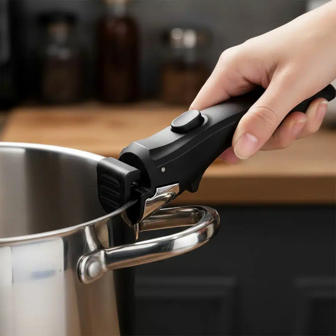 Universal detachable pot handle in black being used on a stainless steel pot rim; image highlights its 10kg weight capacity, ergonomic design, and heat-resistant features.