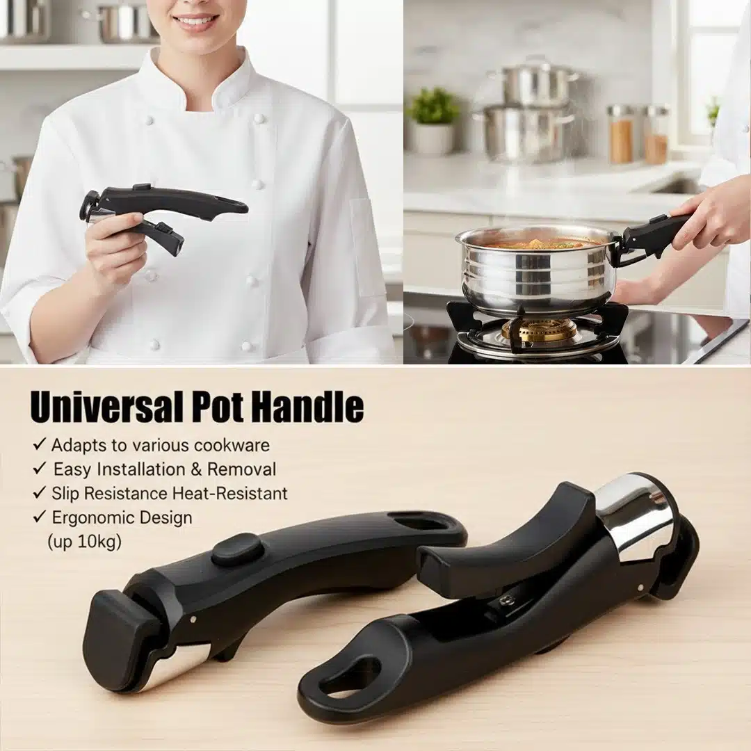Universal detachable pot handle in black being used by a chef on a stainless steel pot; image includes text highlighting its 10kg capacity, ergonomic design, and heat-resistant features.