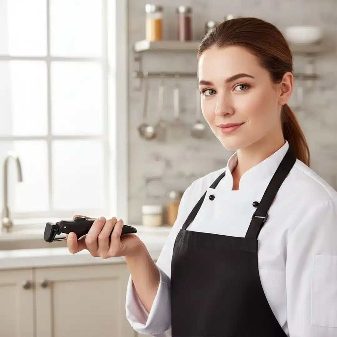 Universal black detachable cookware handle with a chrome locking mechanism and ergonomic grip, shown attached to a stainless steel pot rim and supporting up to 10kg.