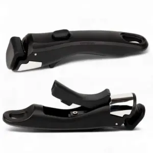 Black universal detachable pot handle with a chrome locking mechanism, designed to fit various cookware types and safely support up to 10kg.