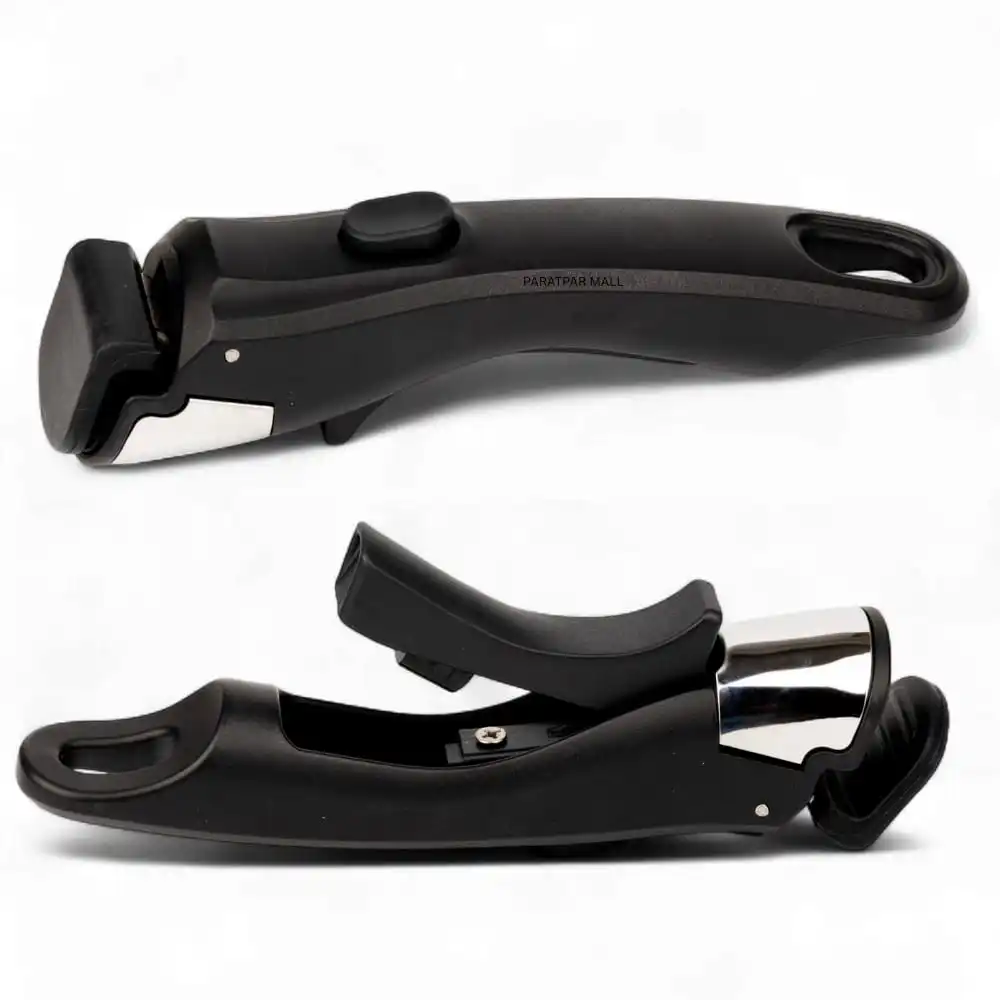 Black universal detachable pot handle with a chrome locking mechanism, designed to fit various cookware types and safely support up to 10kg.