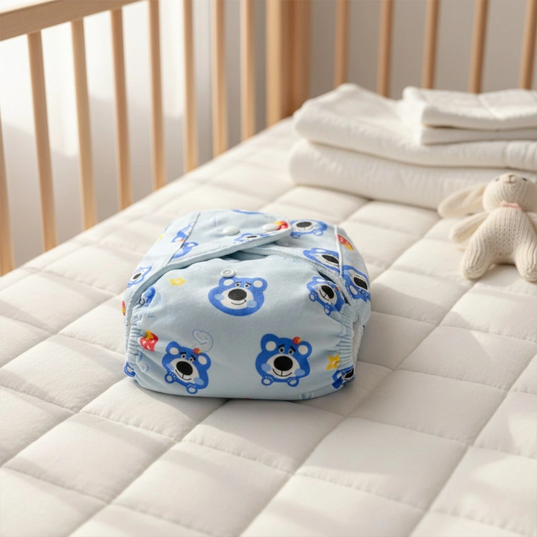 Light blue reusable baby cloth diaper featuring a blue cartoon bear print and adjustable white snap buttons, shown in a nursery setting with a plush bunny and baby booties.