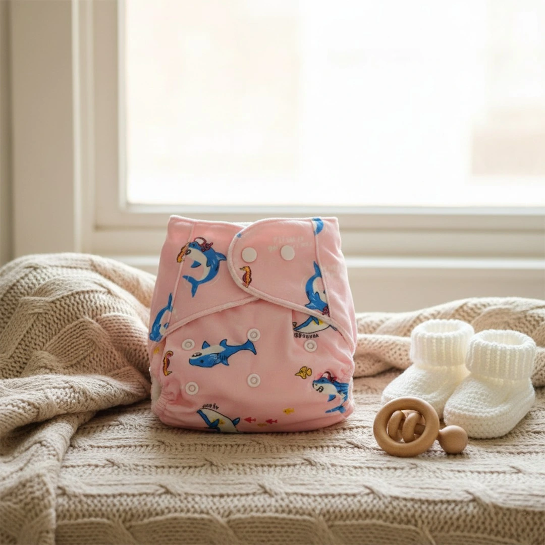 Adjustable baby cloth diapers in pink with shark prints and light blue with bear patterns, featuring snap-button closures, shown in a cozy nursery setting with baby booties.