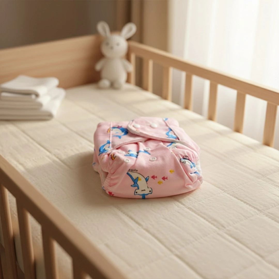 Adjustable baby cloth diapers in pink with shark prints and light blue with bear patterns, featuring snap-button closures, shown in a cozy nursery setting with baby booties.