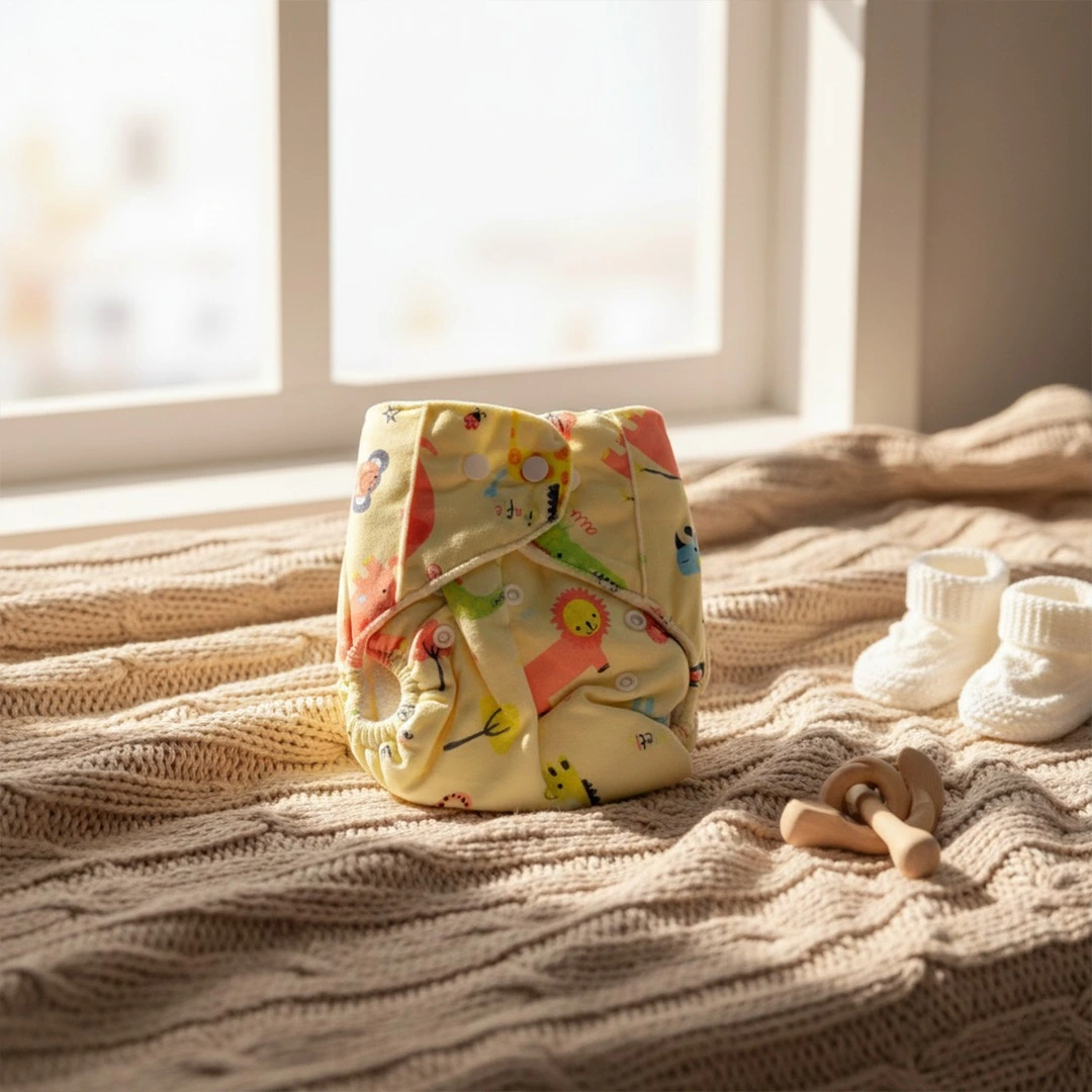 Eco-friendly adjustable baby cloth diapers featuring yellow safari lion design with secure snap-button closures.