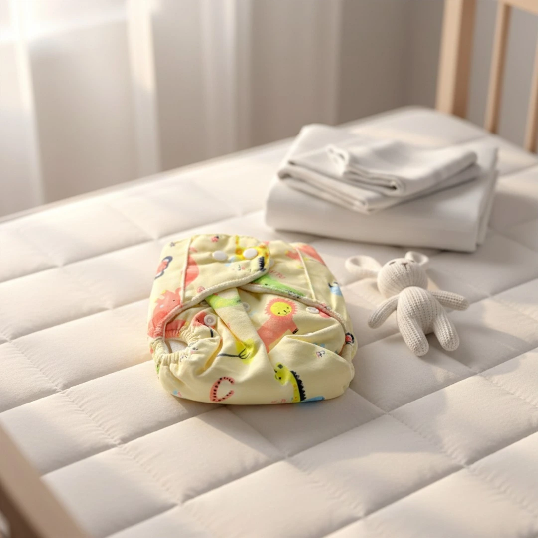 Eco-friendly adjustable baby cloth diapers featuring yellow safari lion design with secure snap-button closures.