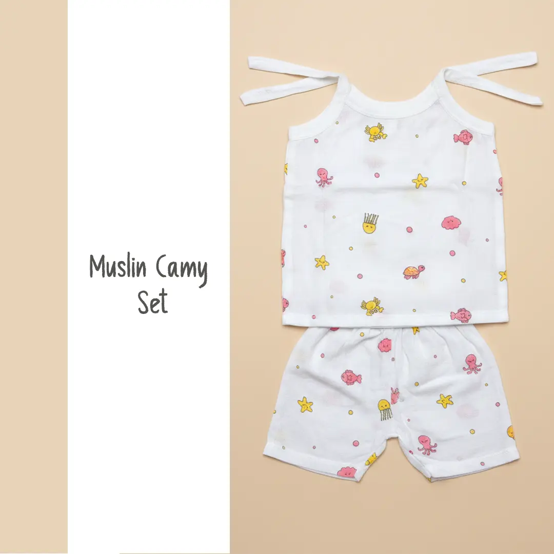 6-pack of Puffy Cheeks baby muslin cotton camy vests in white, blue, and yellow with all-over repeating lion, bear, and elephant prints.