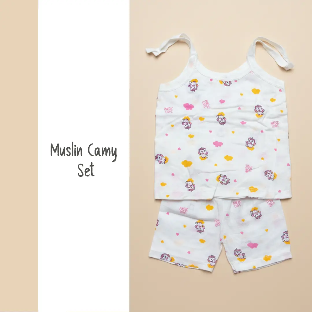 A 6-pack of Puffy Cheeks baby muslin cotton camisole tops in orange, blue, and teal with all-over repeating giraffe, lion, and elephant patterns.