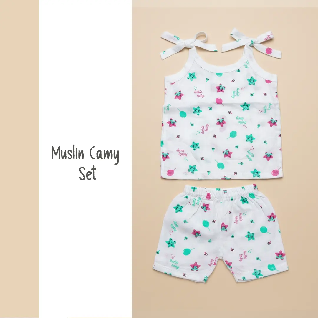 A 6-pack of Puffy Cheeks baby muslin cotton camisole tops in light blue, mint green, and white with all-over repeating lion and elephant prints.