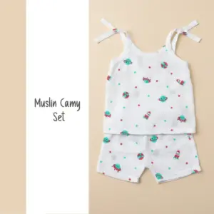 6-piece Puffy Cheeks baby muslin cotton camy tops in yellow, teal, and blue with repeating giraffe, lion, and elephant patterns.