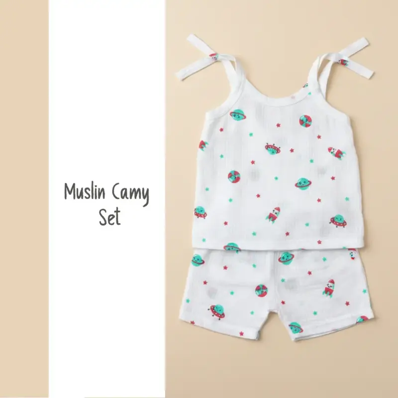 6-piece Puffy Cheeks baby muslin cotton camy tops in yellow, teal, and blue with repeating giraffe, lion, and elephant patterns.
