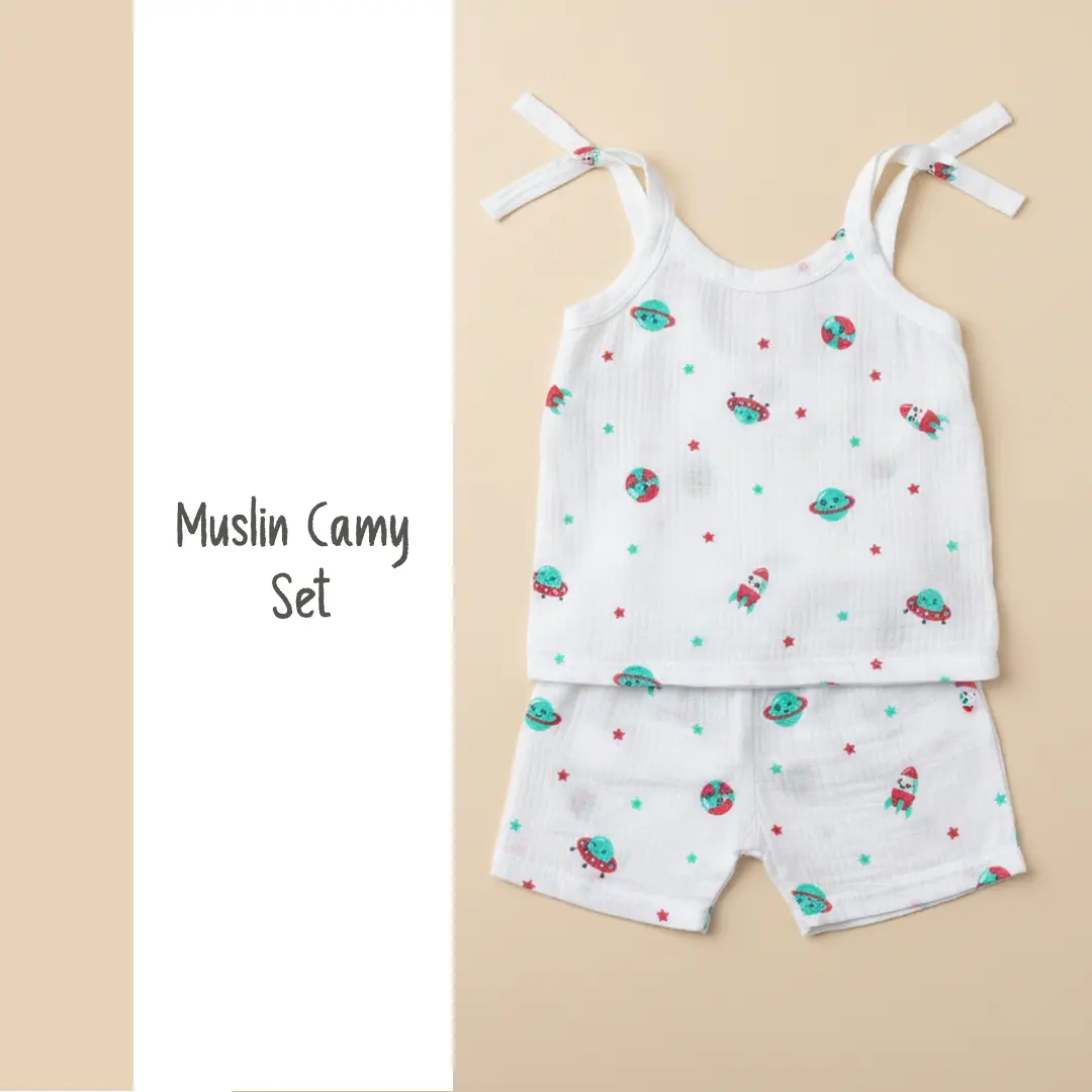 6-piece Puffy Cheeks baby muslin cotton camy tops in yellow, teal, and blue with repeating giraffe, lion, and elephant patterns.