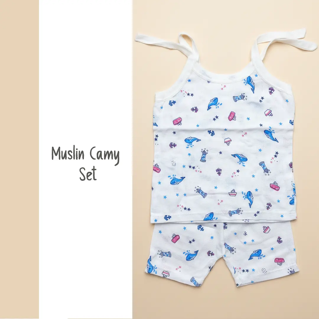 6-pack of Puffy Cheeks baby muslin cotton camy vests in orange, yellow, and peach with all-over repeating giraffe, lion, and elephant prints.
