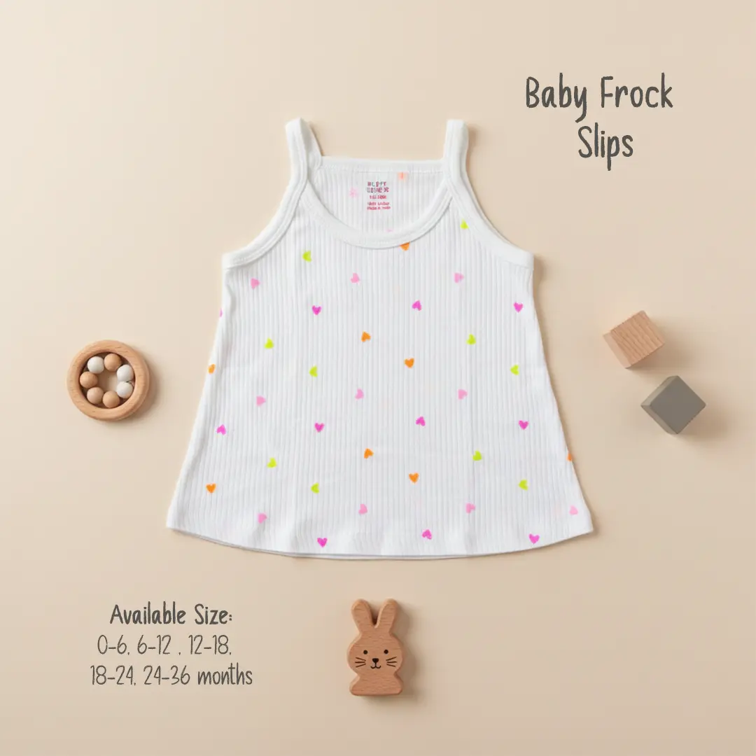 A 6-pack of Puffy Cheeks brand baby girls' frock slips in assorted colors including pink, white, and peach, featuring delicate lace trim and various prints like strawberries and tiny florals, displayed on a white background.